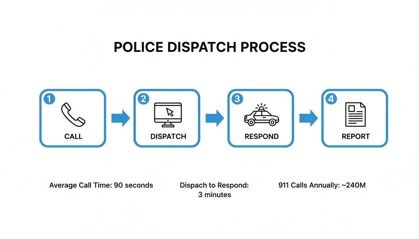 Infographic detailing the police dispatch process, including call, dispatch, respond, and report stages with time statistics.
