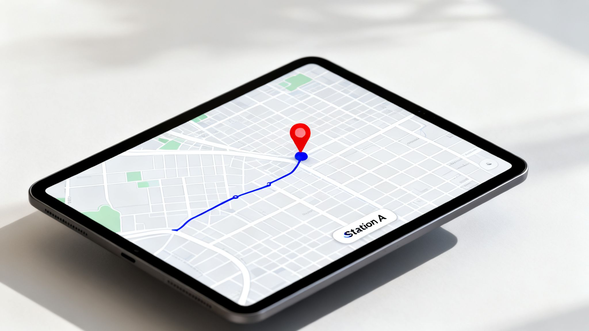 A tablet displays a navigation map with a blue route, red destination pin, and 'Station A' label.