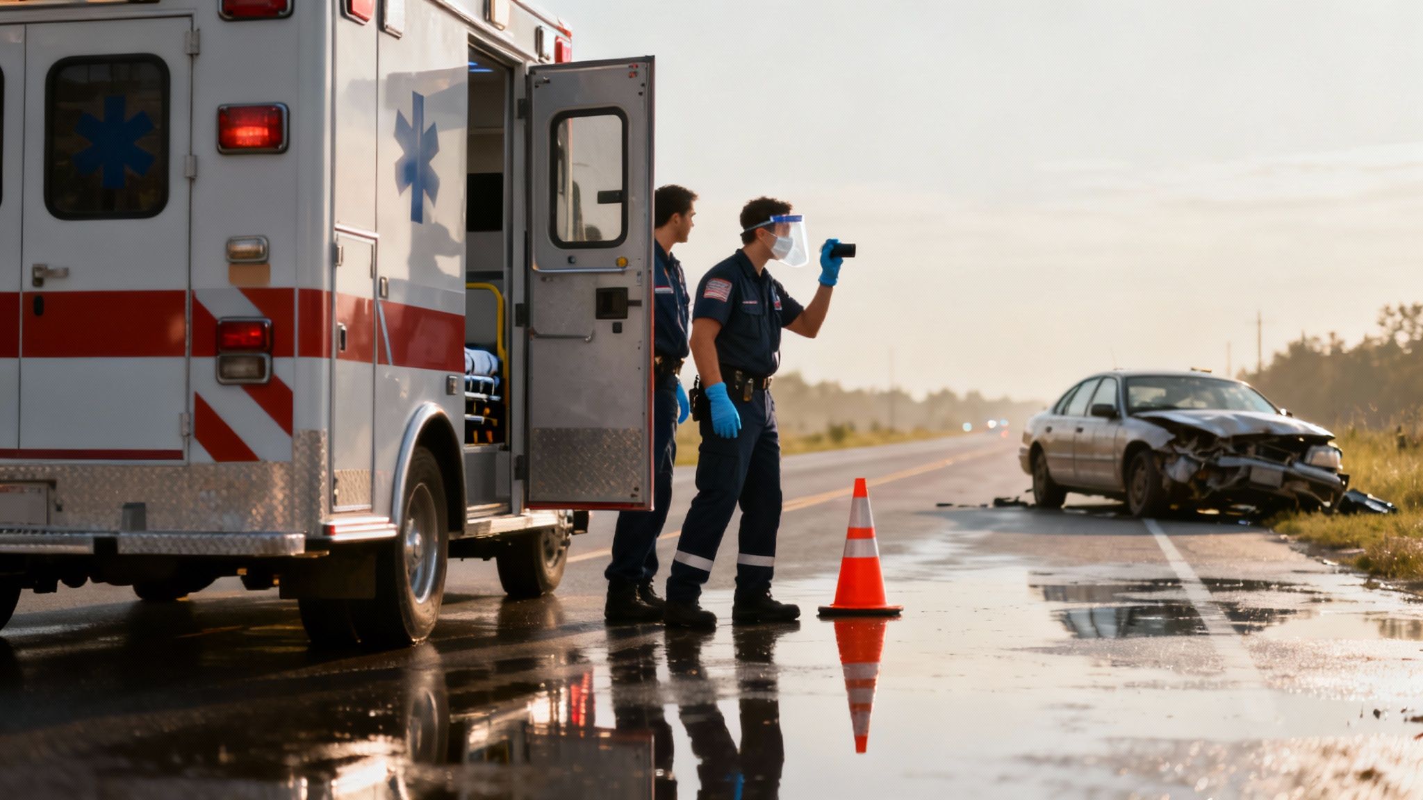 An EMT inspecting a damaged car at a motor vehicle collision, focusing on the mechanism of injury.