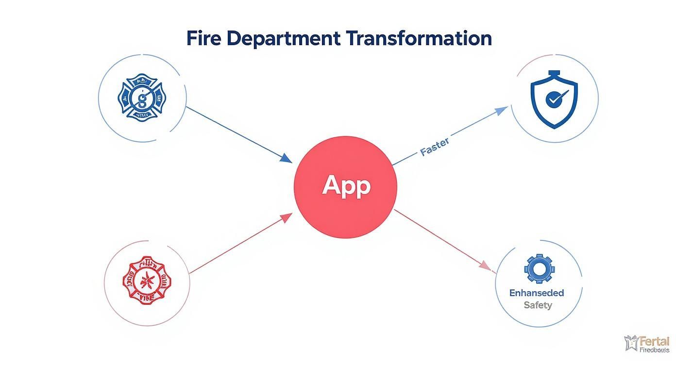 Diagram illustrating a fire department transformation, with a central app enabling faster operations and enhanced safety.