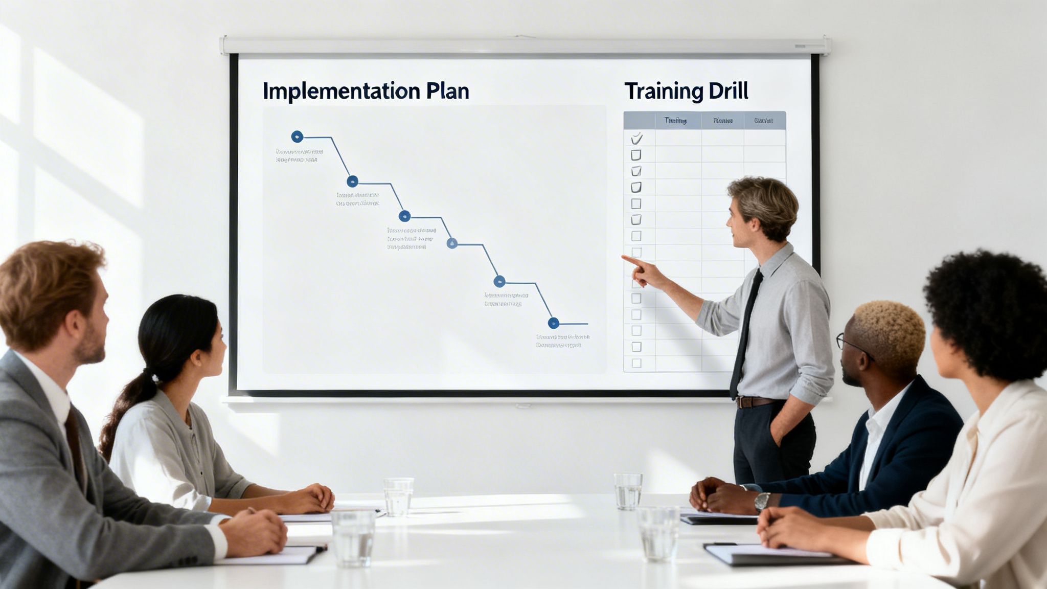 A group of diverse professionals attending a business presentation on an implementation plan and training drill.