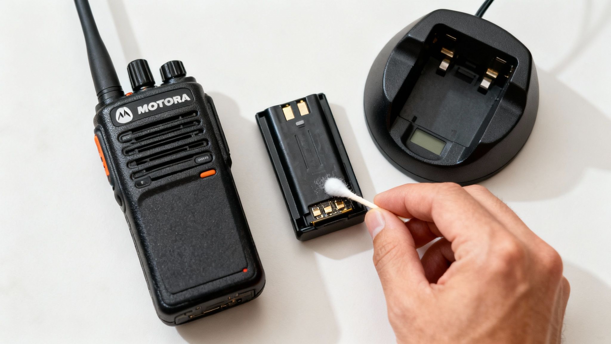 A hand cleaning the contacts of a black walkie-talkie battery with a cotton swab, next to a Motorola walkie-talkie and its charger.