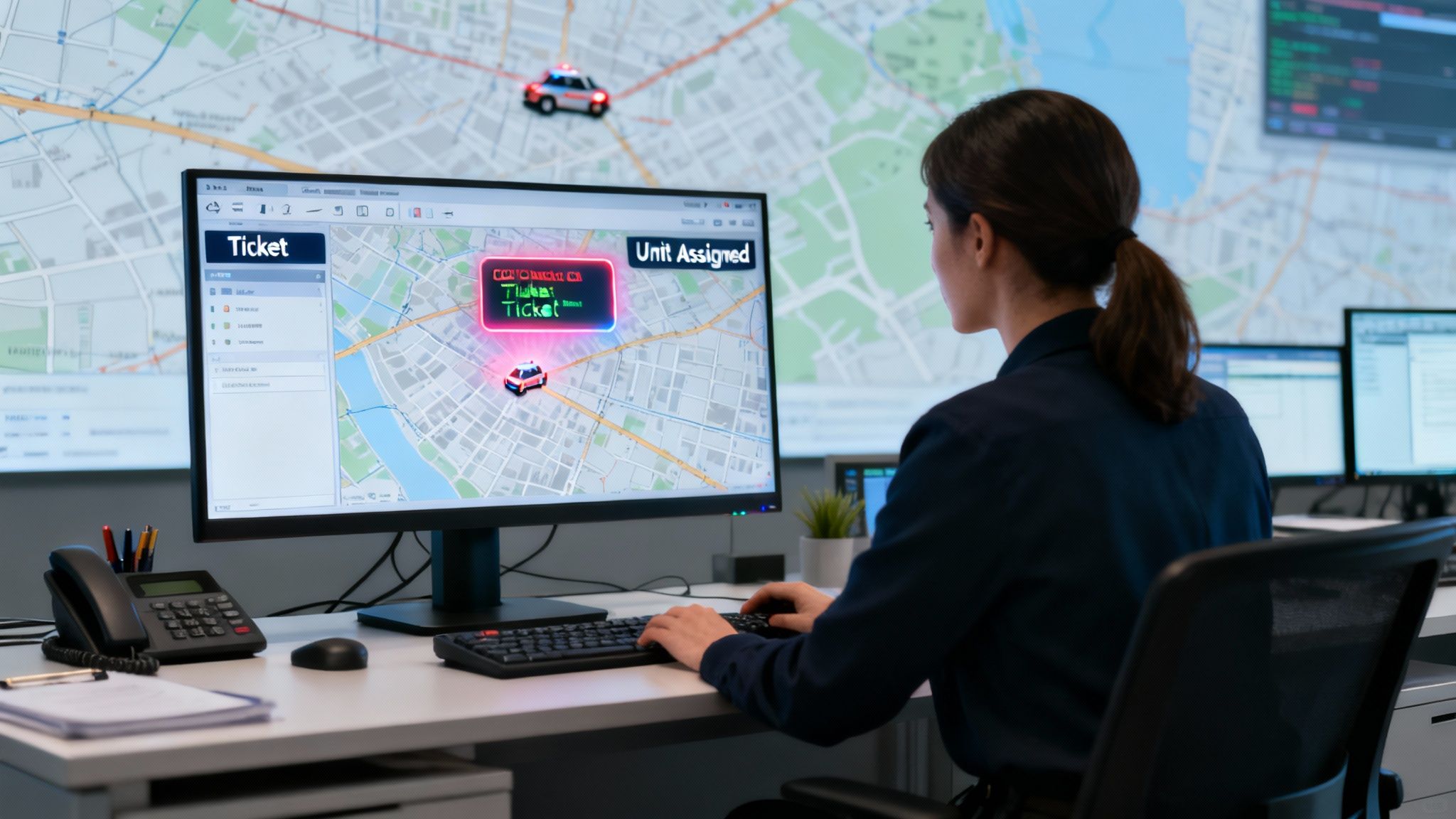 A police dispatcher monitors a CAD system, tracking units and managing tickets on a large screen.