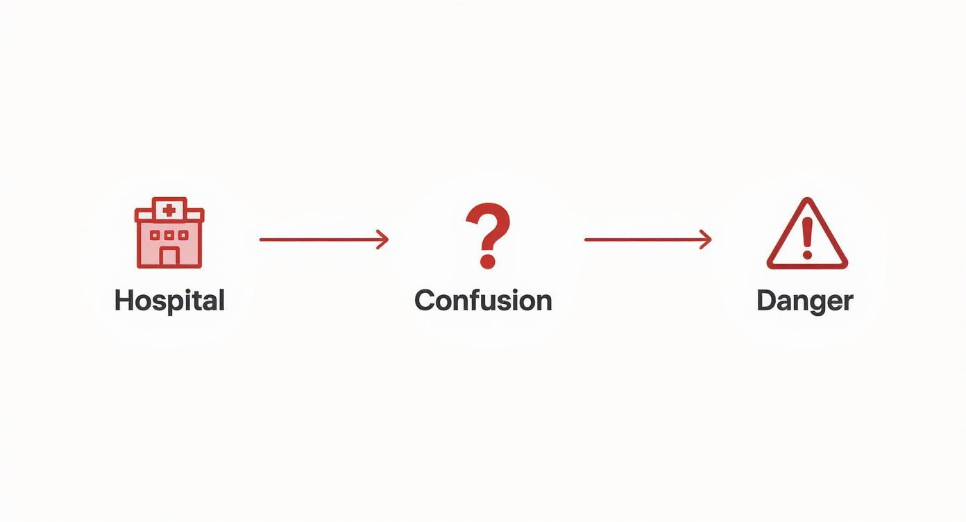 Infographic showing a process flow from a hospital icon to a question mark icon to a danger icon, illustrating how inconsistency leads to confusion and danger.