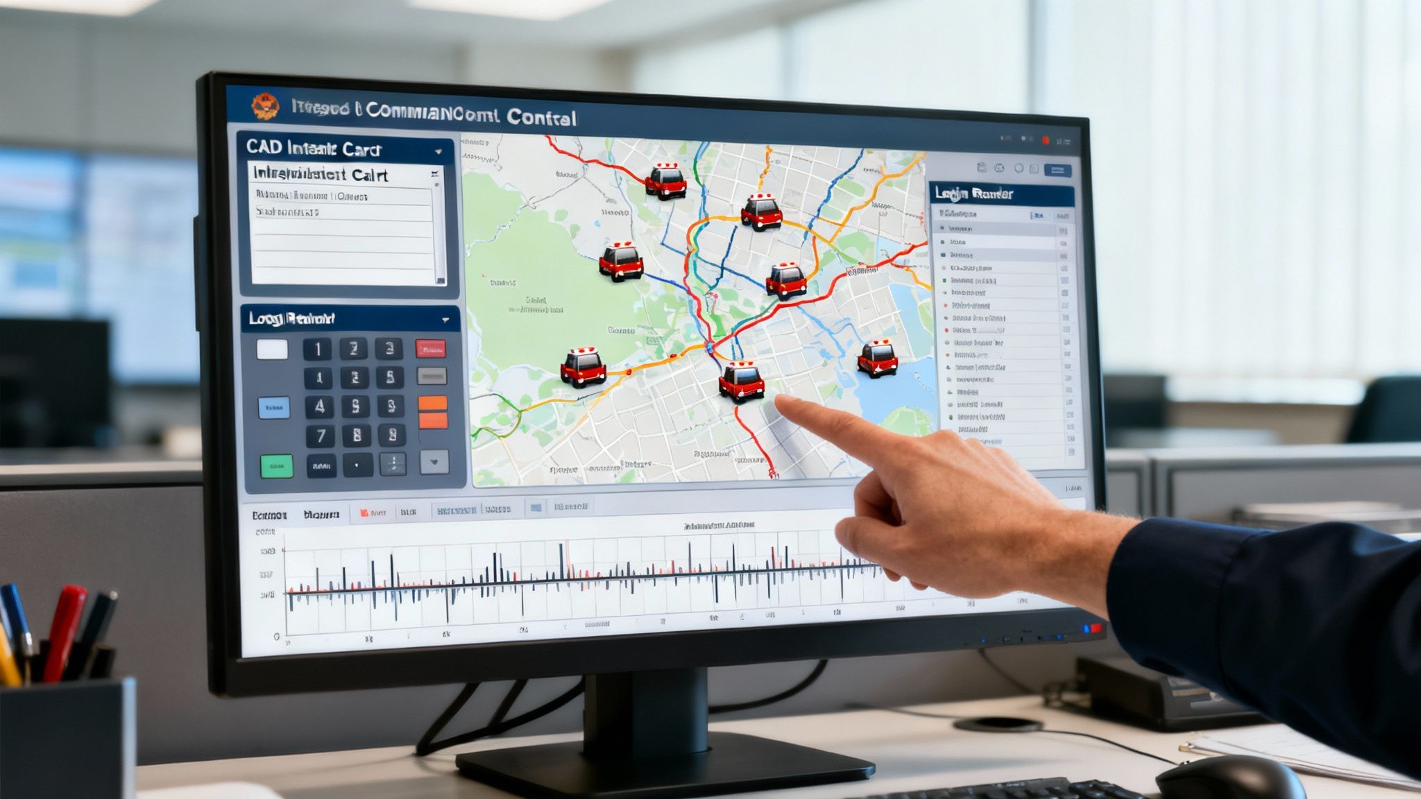 A hand interacts with a computer monitor displaying a dispatch system with a map, vehicles, and data.