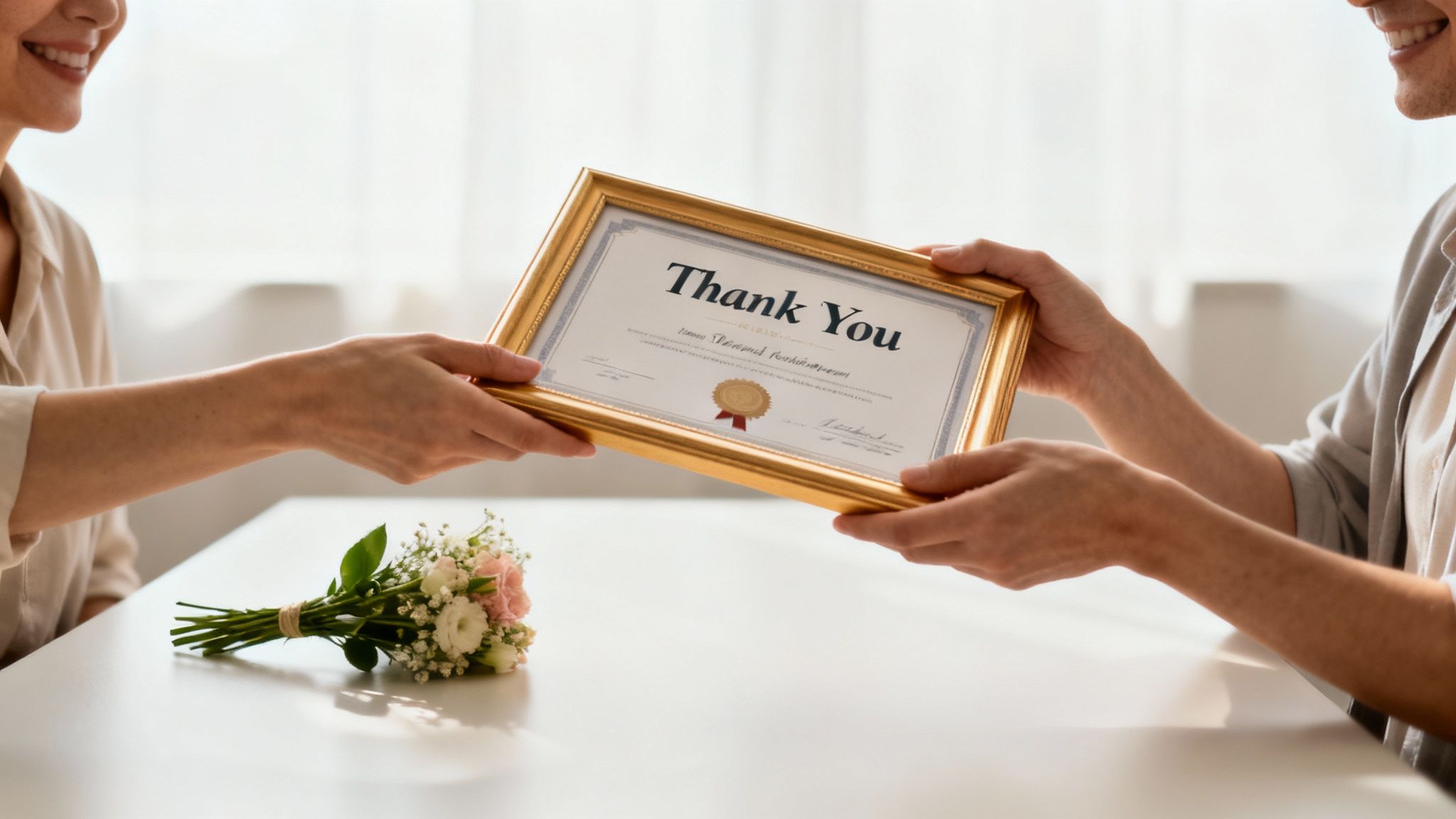 A person gives a framed 'Thank You' certificate to another, alongside a small bouquet of flowers.