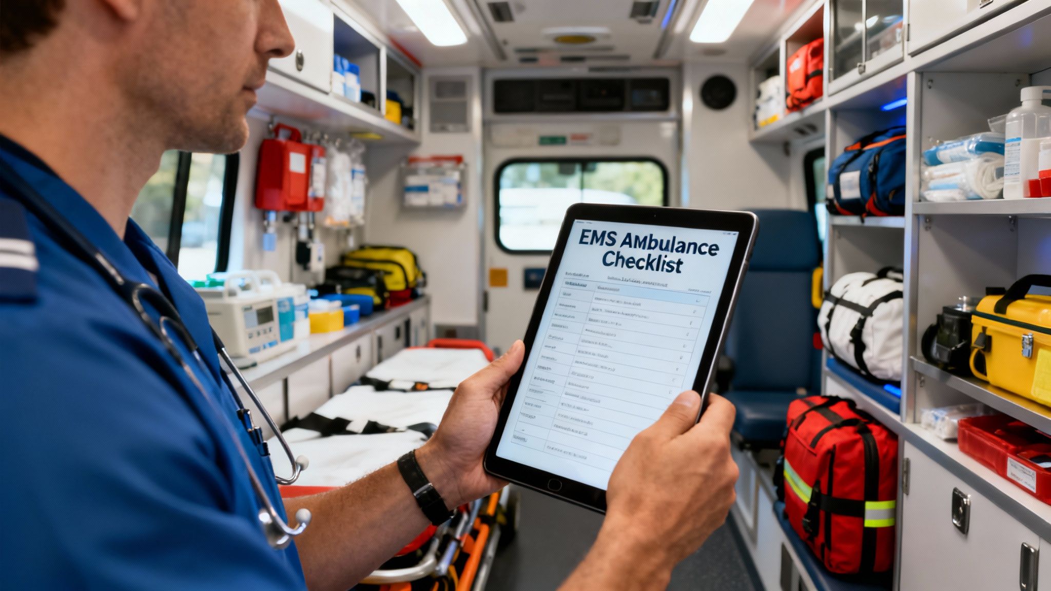 A paramedic reviews an EMS ambulance checklist on a tablet inside an ambulance.