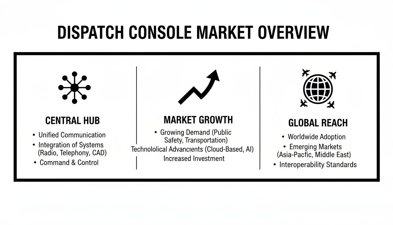 Overview of the dispatch console market, detailing its central hub, growth drivers, and global reach.