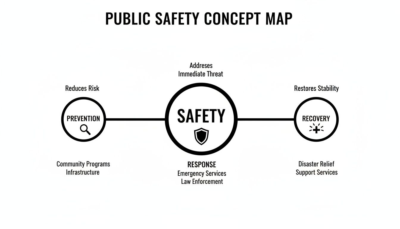A public safety concept map illustrating prevention, safety, and recovery phases with their descriptions and key components.