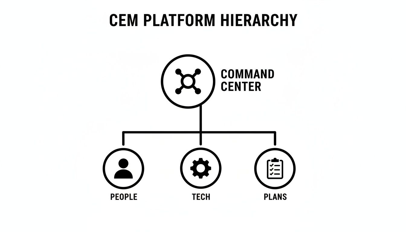 Diagram illustrating the CEM platform hierarchy with Command Center overseeing People, Tech, and Plans.