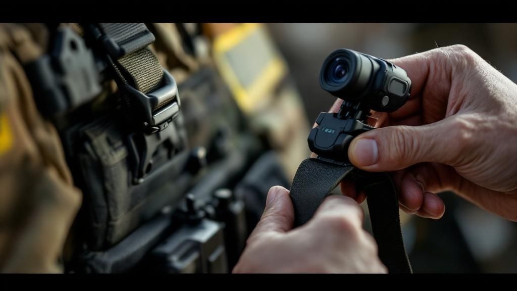 Law enforcement officers with a police vehicle in the background, showing the integration of in-car and body-worn cameras.