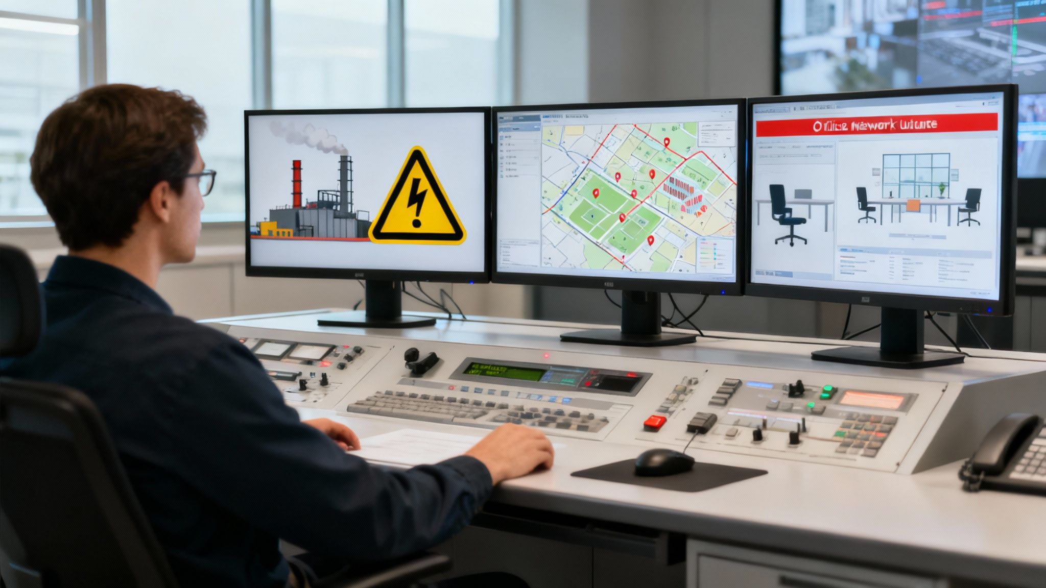 A team in a control room responding to an emergency on multiple screens.
