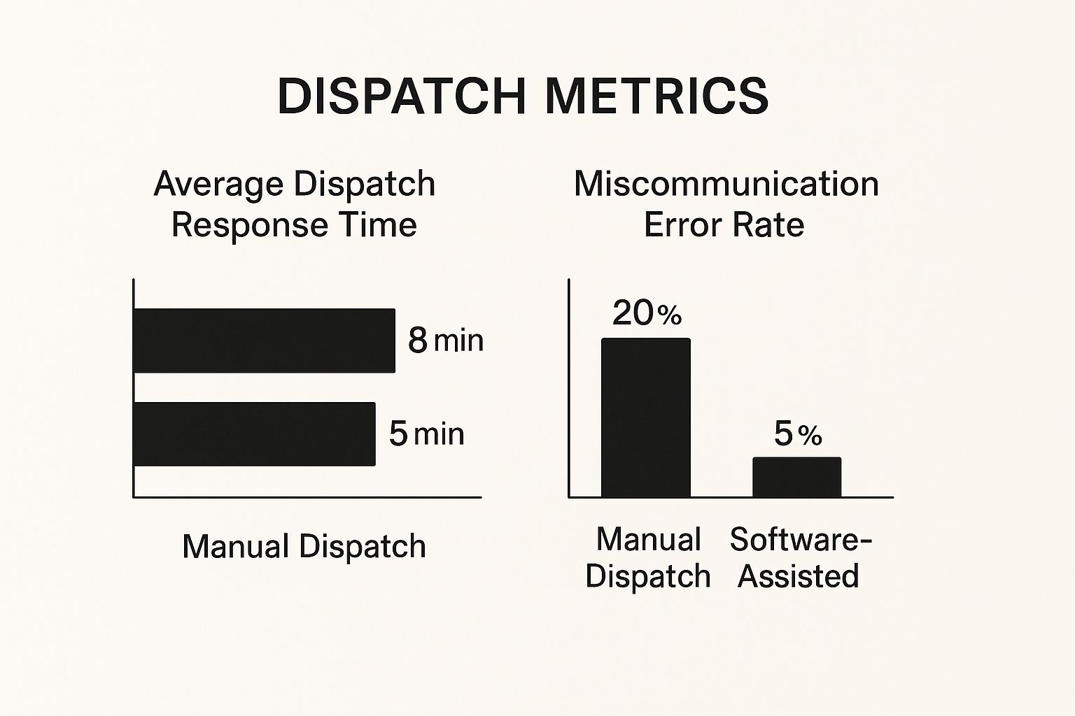Infographic comparing manual vs software-assisted dispatch for EMS, showing faster response times and fewer errors with software.