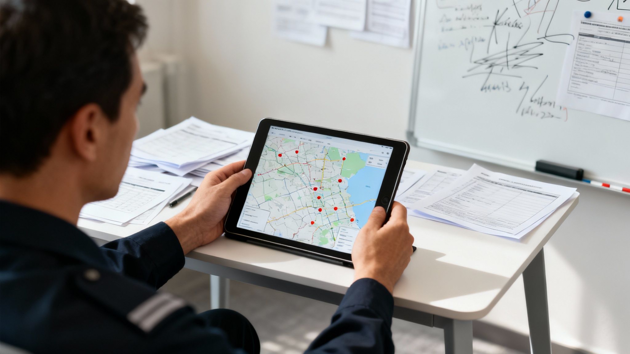 Over-the-shoulder shot of a person using a tablet to view a map with incident locations.