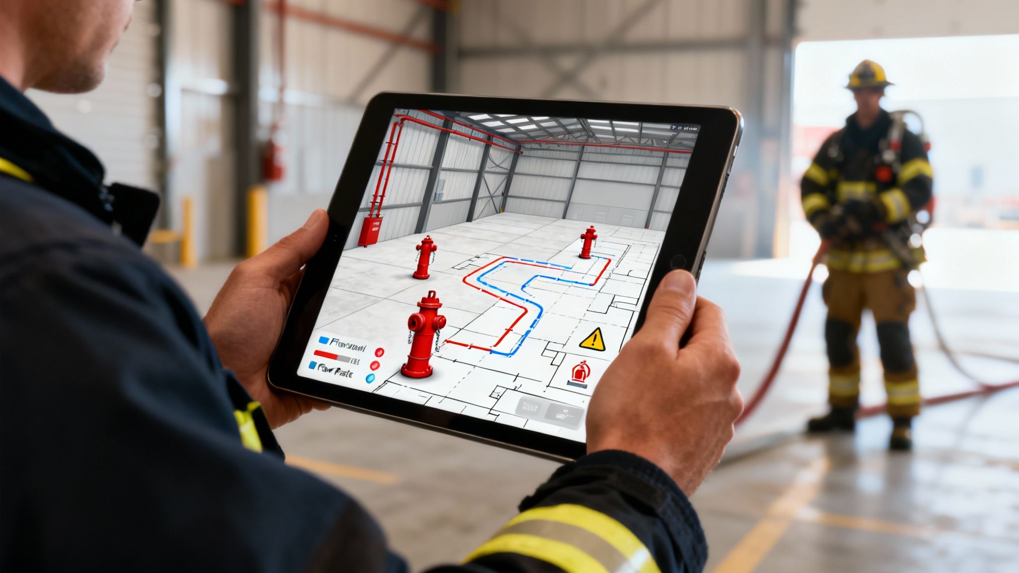 A firefighter uses a tablet showing an augmented reality plan of a building with fire hydrants and water flow paths.