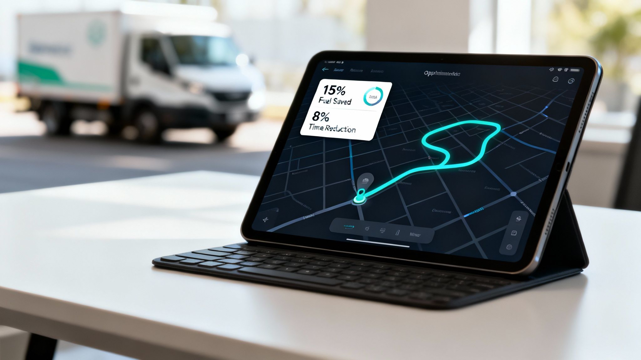 Tablet displays a logistics app showing fuel and time savings, with a delivery truck in the background.