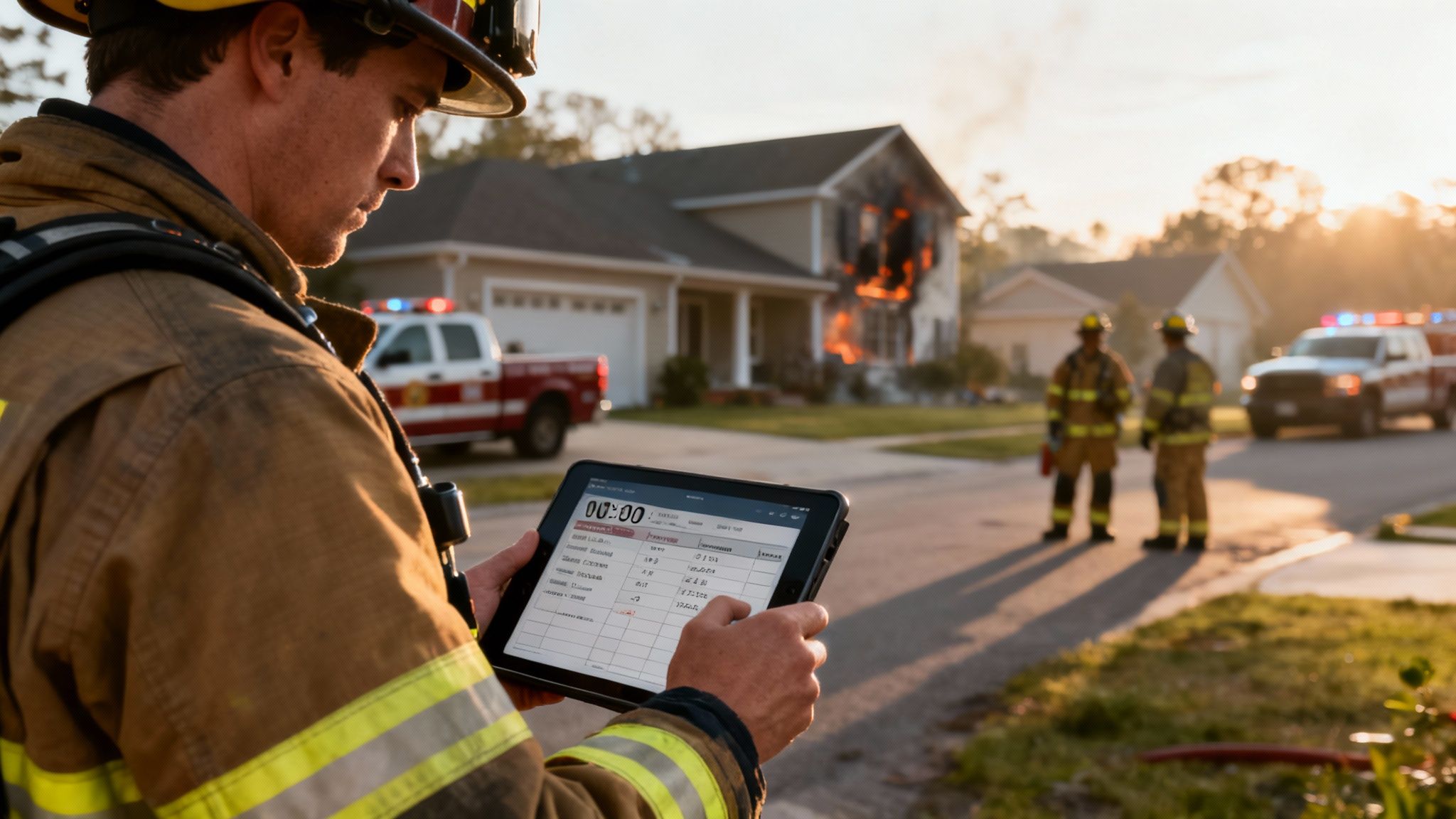 A firefighter in gear uses a tablet to log incident details with a house on fire in the background.