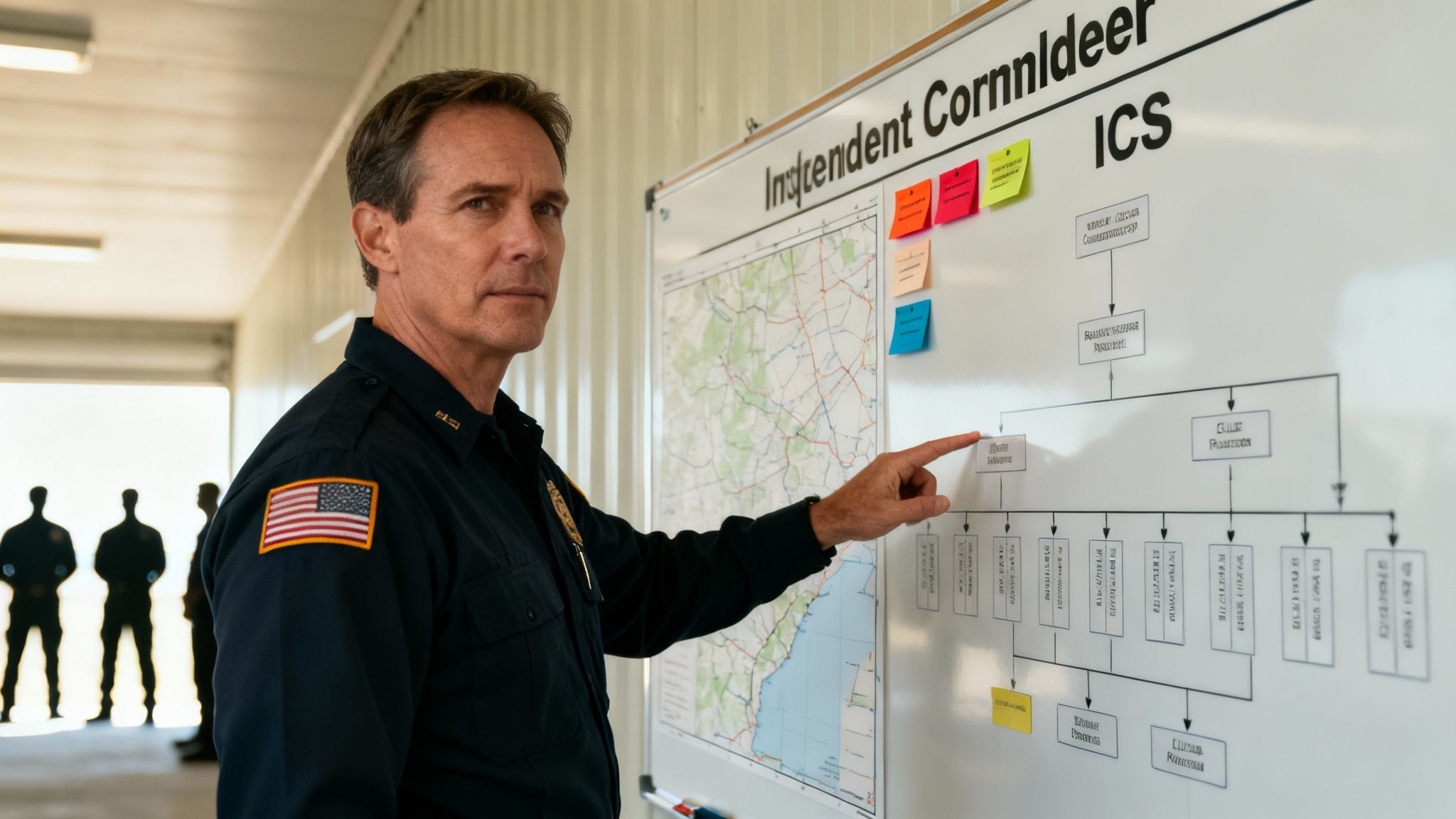 A uniformed man points at an Incident Command System (ICS) board with a map and organizational chart.