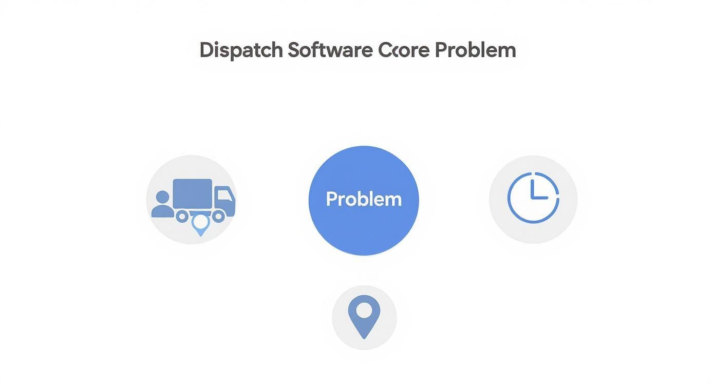 A diagram illustrates the core problems of dispatch software, highlighting logistics, time, and location.