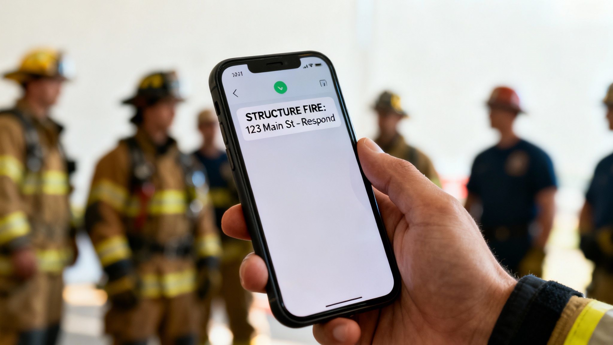 A firefighter holds a smartphone displaying a structure fire alert with other firefighters in the background.