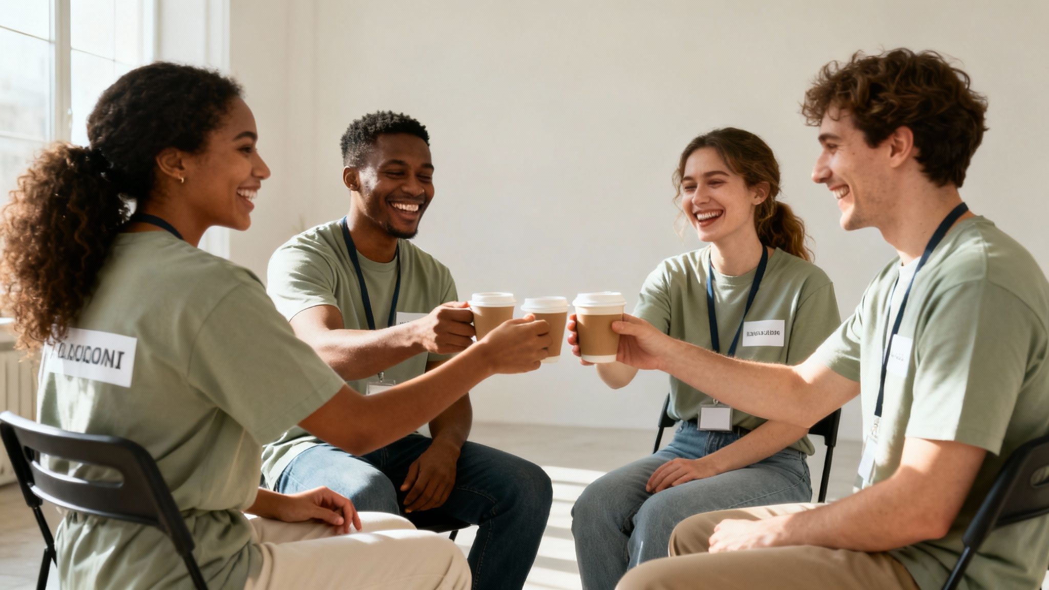 Four smiling diverse volunteers in green shirts toasting coffee cups, symbolizing teamwork and community.
