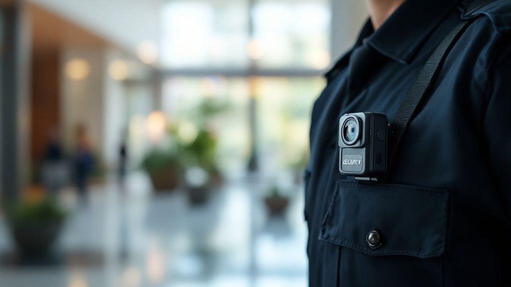 A security officer wearing a body camera while on duty.