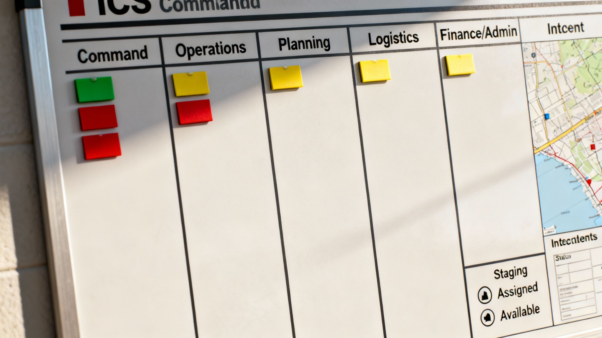 An Incident Command System (ICS) whiteboard showing command structure, operations, planning, and logistics with colored magnets.