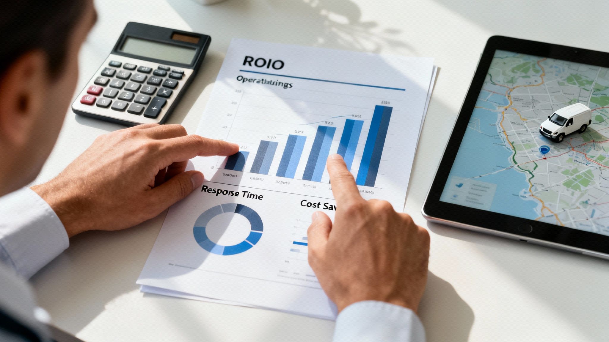 Man analyzing ROI and logistics charts, with a calculator and tablet showing a map and delivery van.