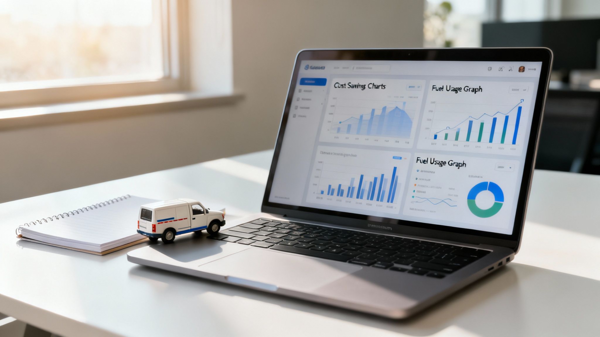 A laptop displays fleet management graphs for cost savings and fuel usage, with a toy delivery van.