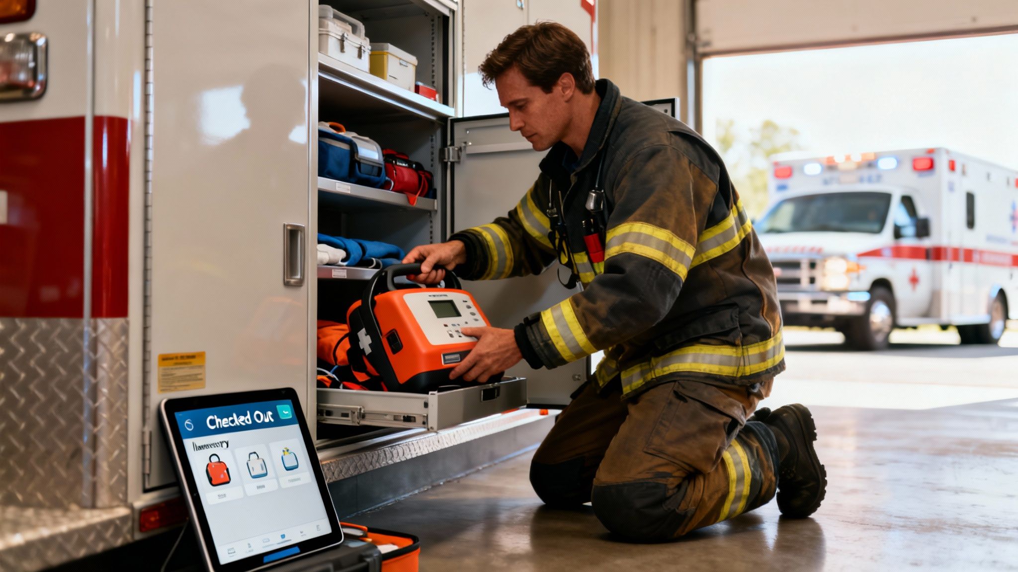 A firefighter kneels, loading an orange medical device into an ambulance, with a tablet displaying inventory.