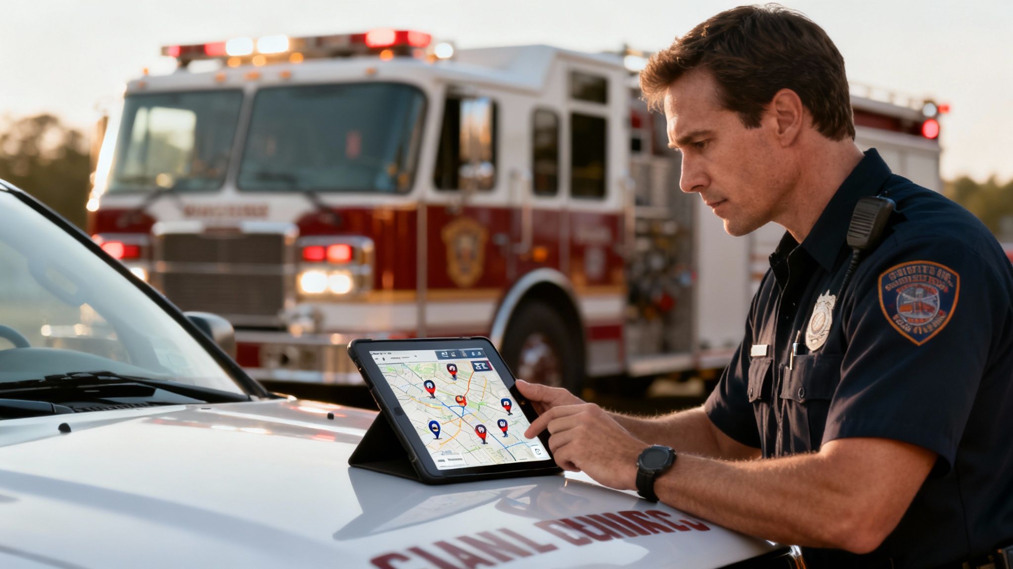 First responder uses a tablet to review a map with incident locations near a fire truck.