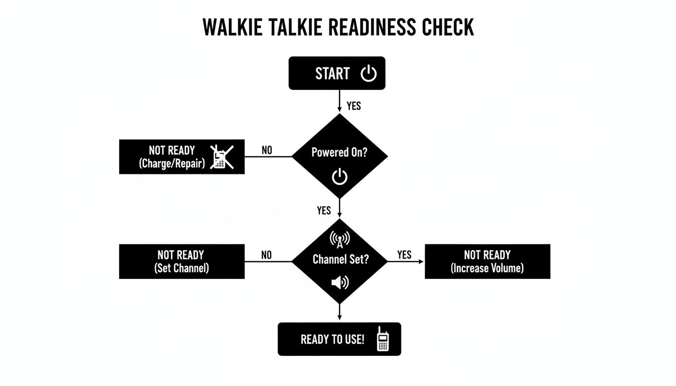 A flowchart outlining the readiness check for a walkie-talkie, ensuring it's powered, channeled, and audible.