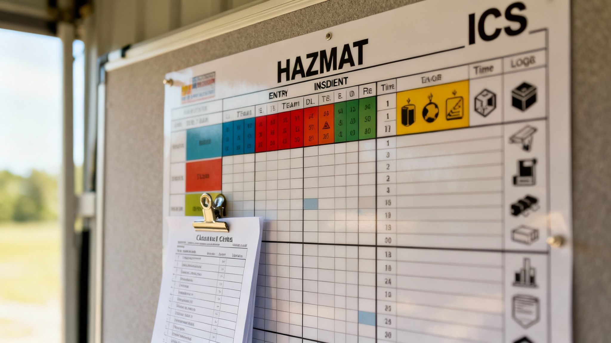 A responder using a digital tablet at an emergency scene, with a physical command vehicle in the background.