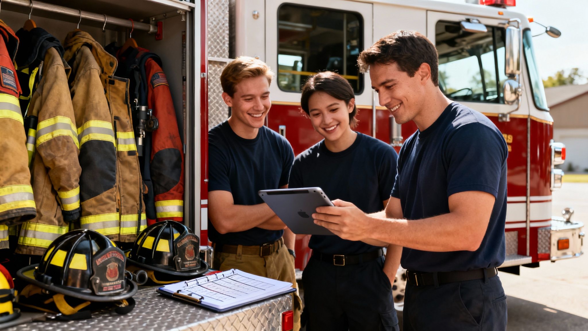 Three young, diverse firefighters smiling while reviewing a tablet near their fire truck and gear.