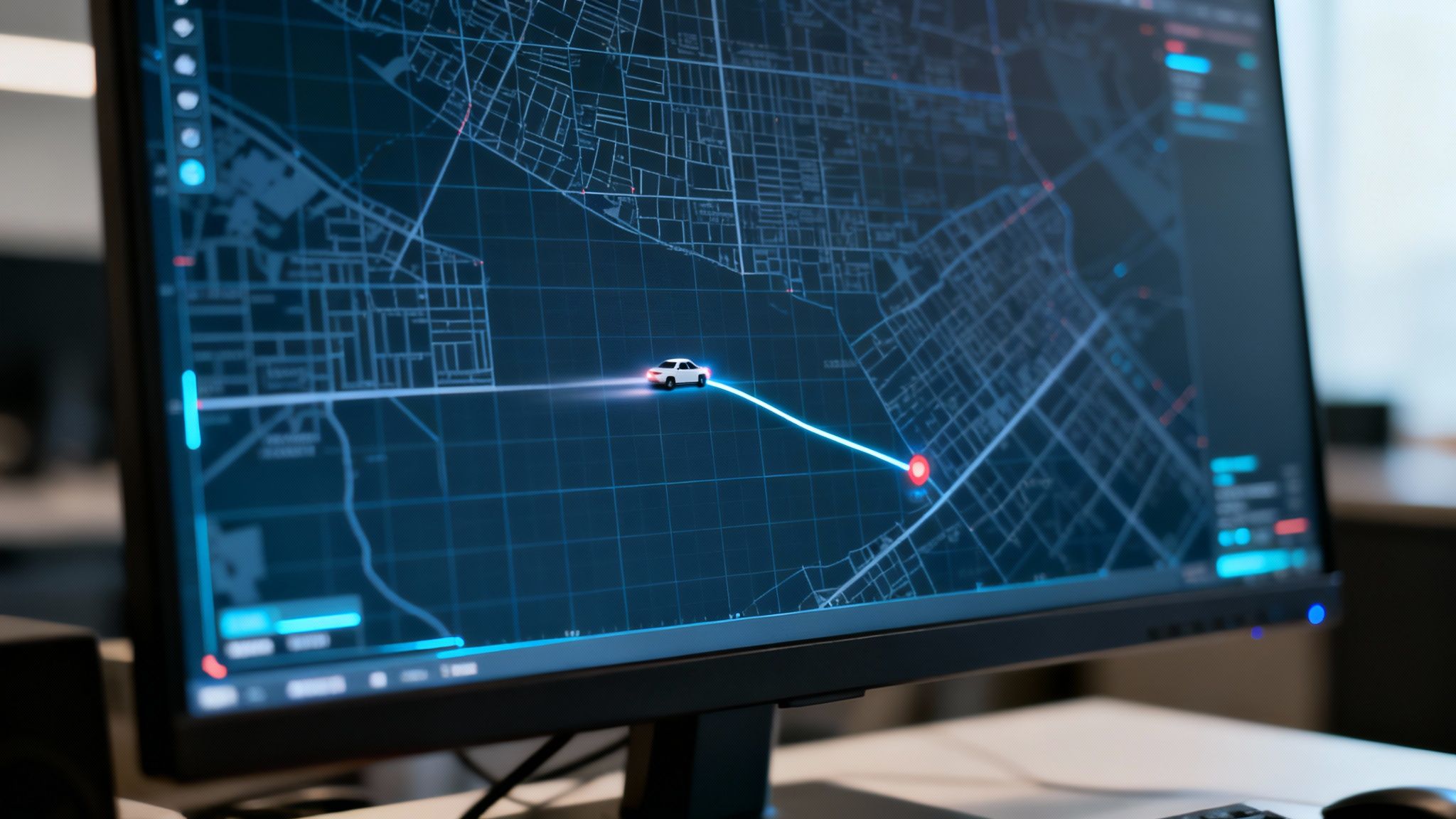 A computer screen displays a digital map, showing real-time vehicle tracking with a highlighted route.