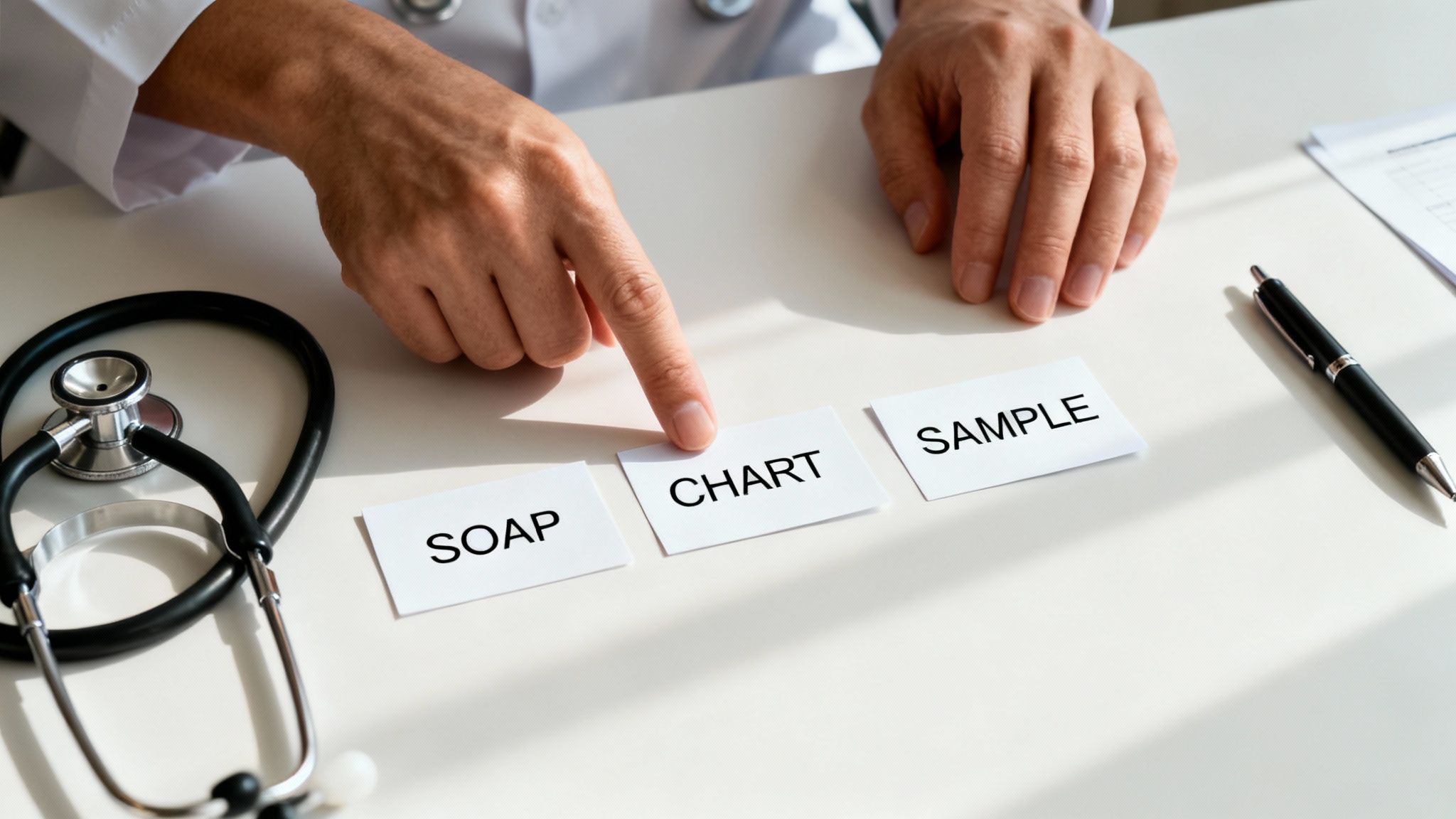 A doctor points to a 'CHART' card, with 'SOAP' and 'SAMPLE' cards, and a stethoscope nearby.