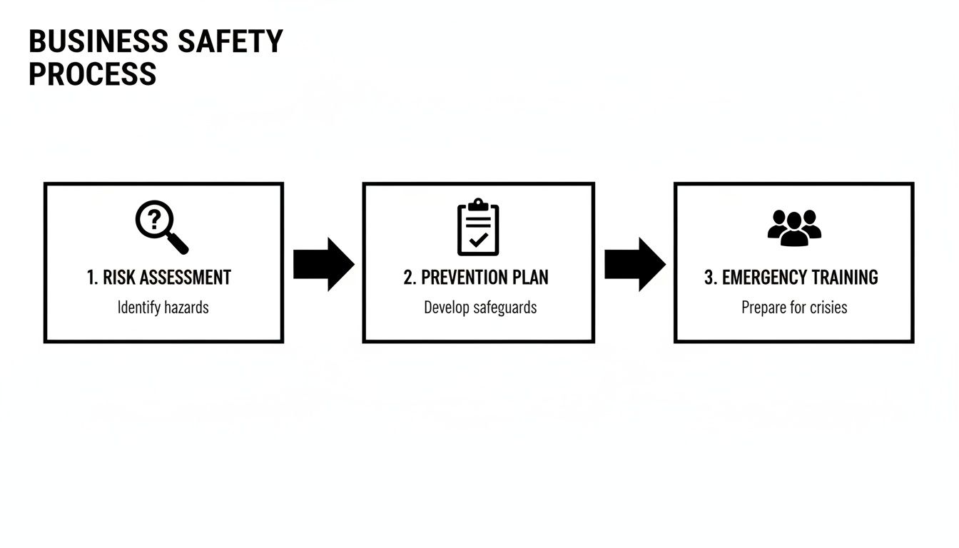 A flowchart showing the three steps of a business safety process: risk assessment, prevention plan, and emergency training.