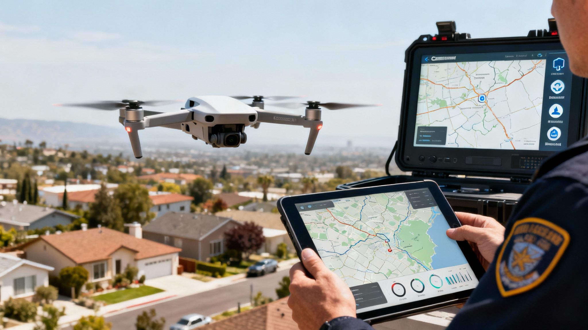 Police officer uses a drone and multiple screens to monitor a residential area.