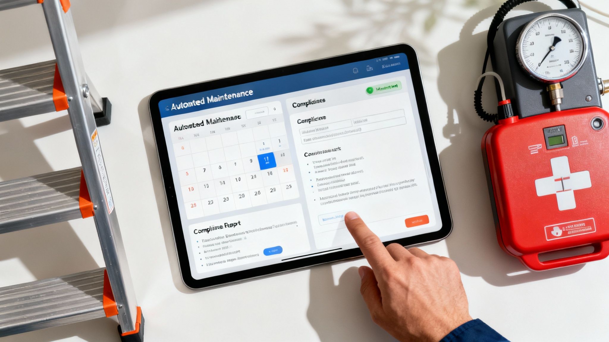 An emergency responder checks equipment in an ambulance
