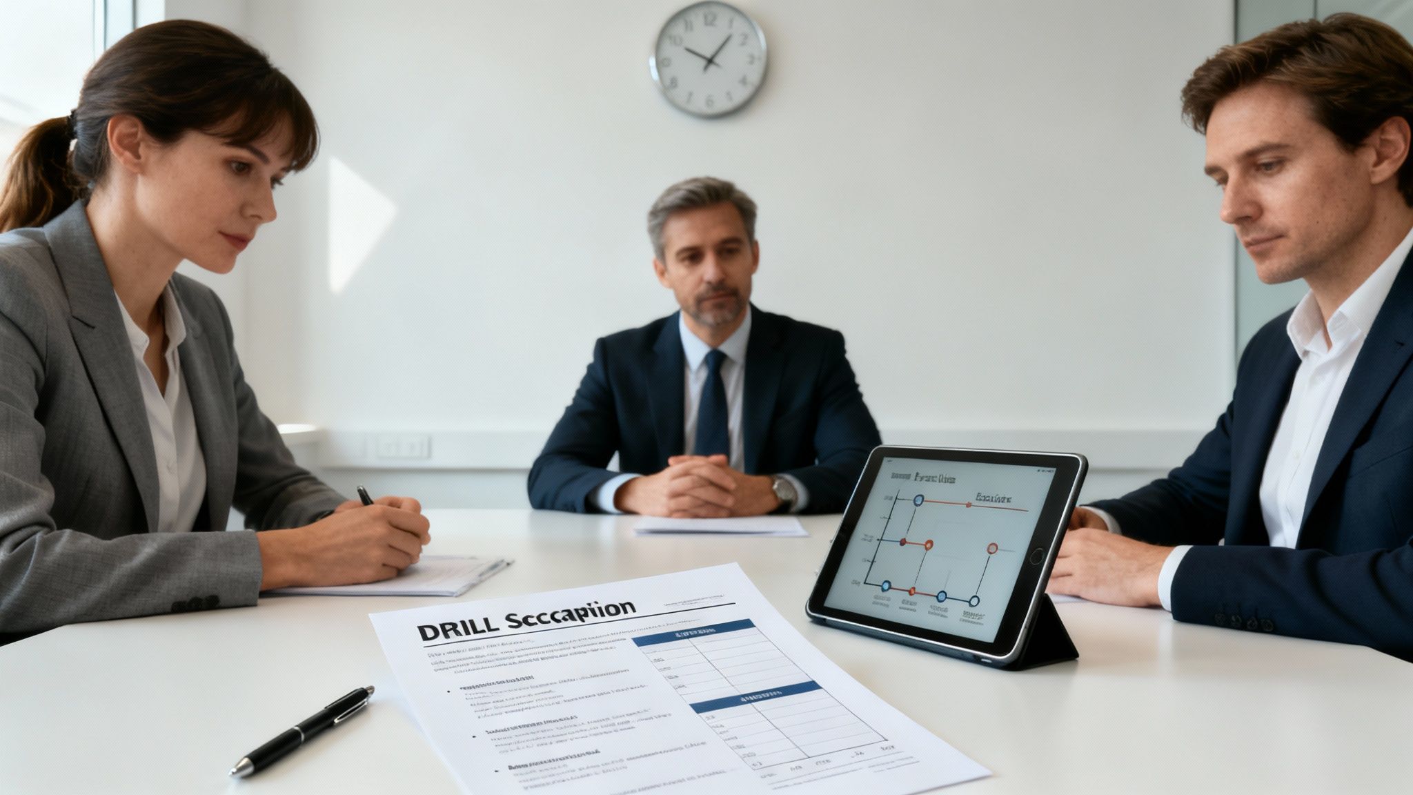 Three professionals discussing documents and a tablet with a graph during a business meeting.