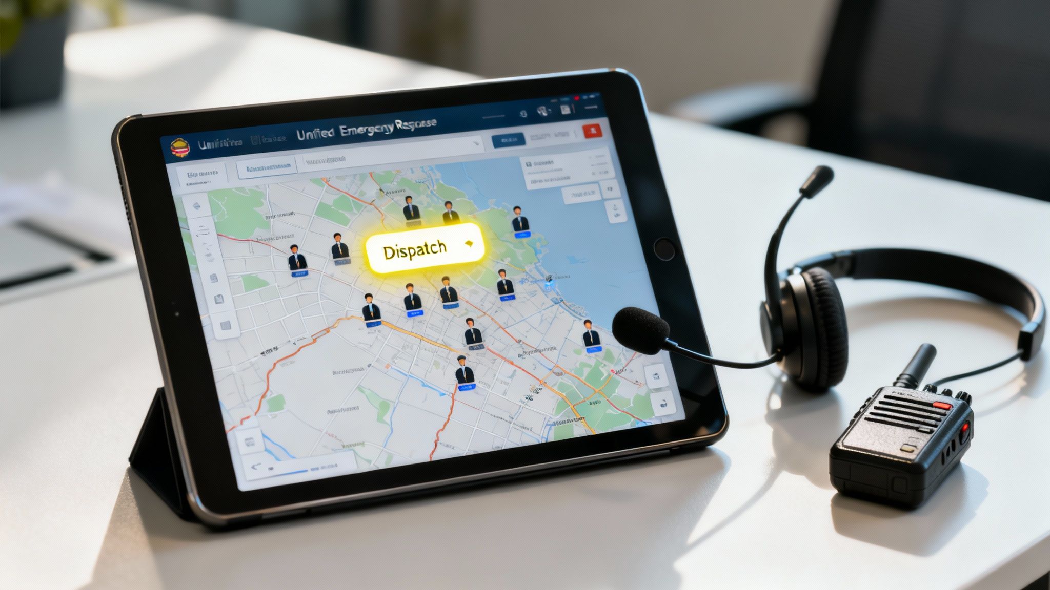 A close-up of a tablet displaying a dispatch system map with a headset and walkie-talkie.