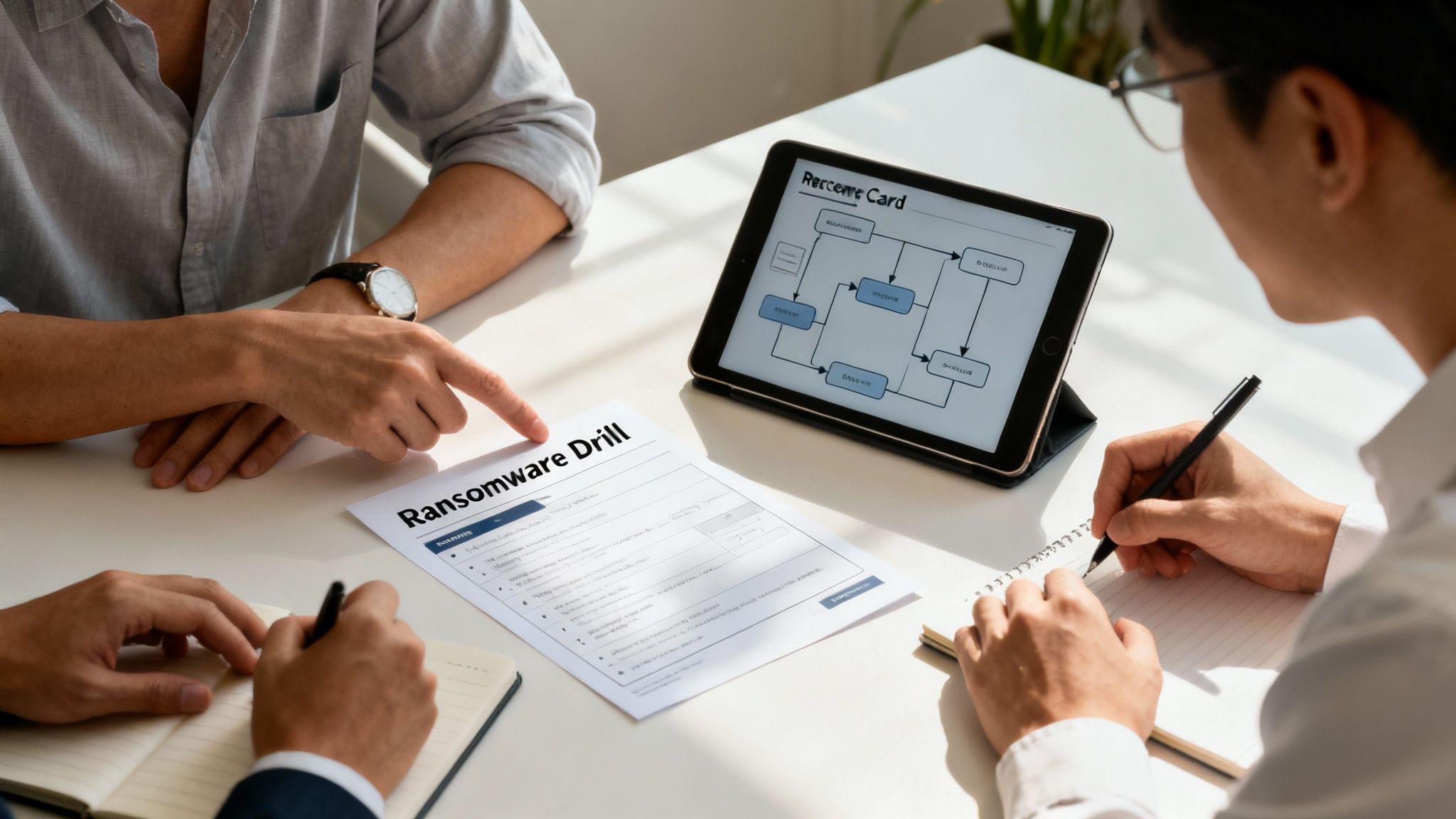 Team collaborating on a ransomware drill, reviewing documents and a digital recovery plan.