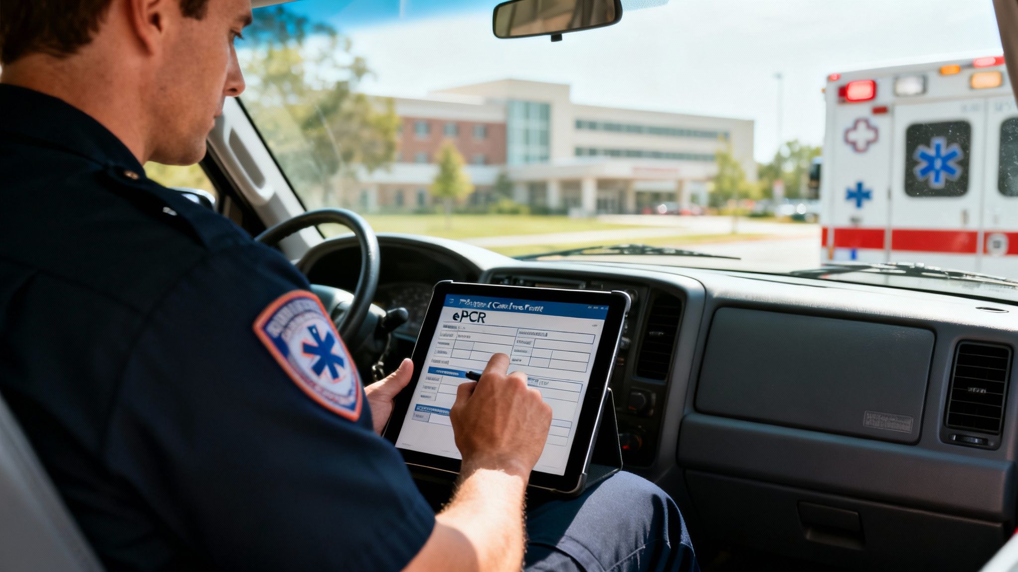 A paramedic in an ambulance uses a tablet for ePCR documentation with a hospital and another ambulance in the background.