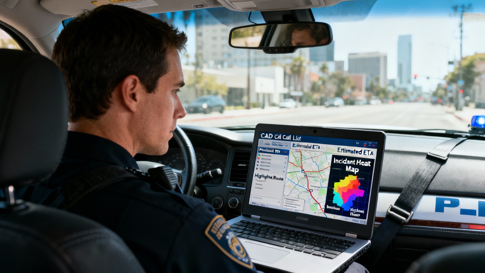 Police officer uses laptop with CAD system showing incident map and call list inside patrol car.