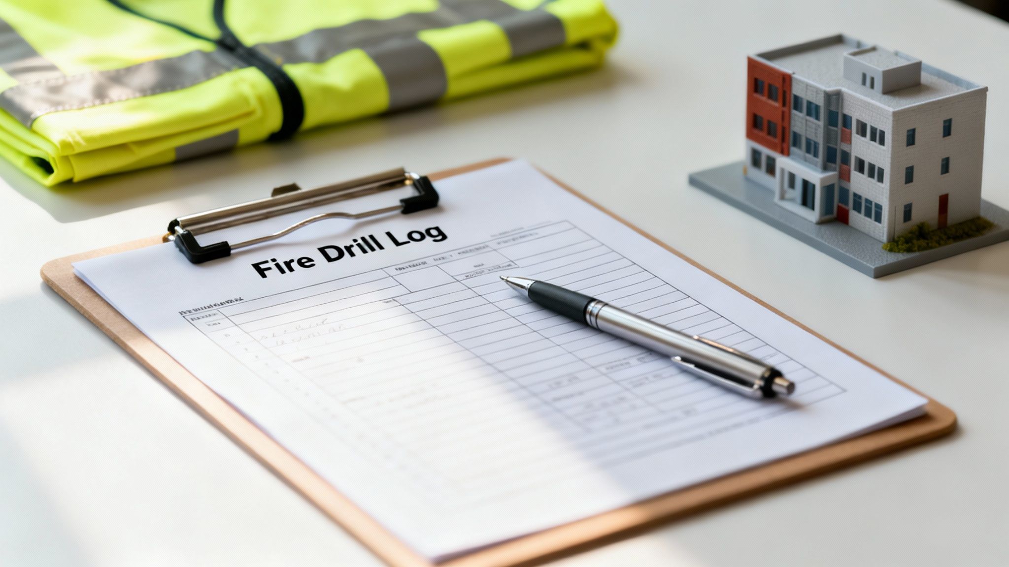 Clipboard with a 'Fire Drill Log' document, a pen, a miniature building, and a safety vest.