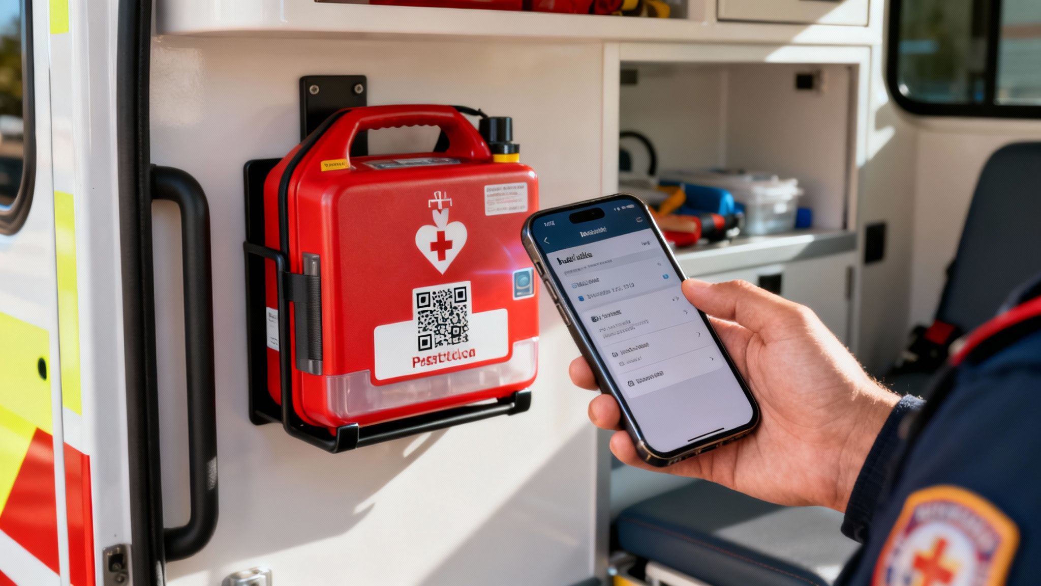 Paramedic using a mobile app to manage emergency medical equipment in an ambulance.