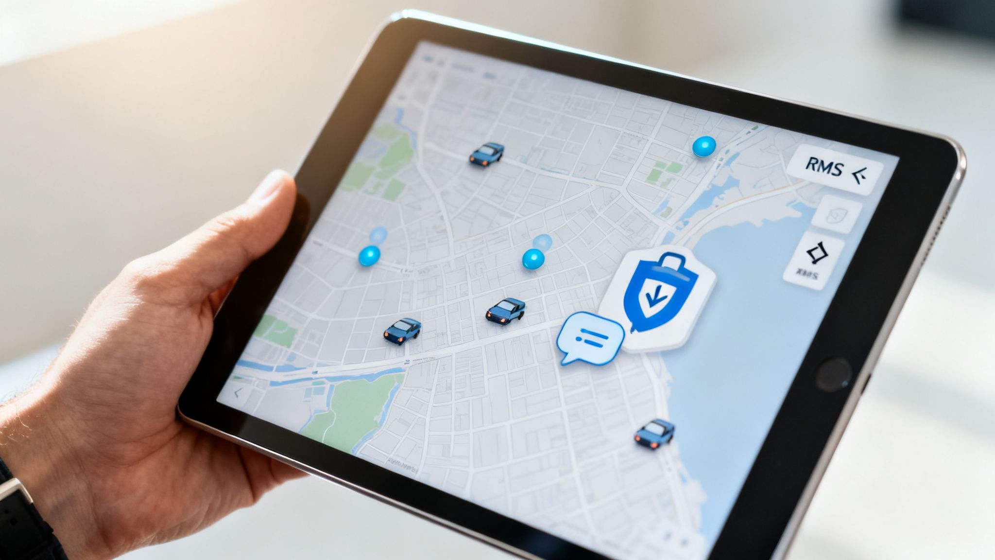 Hand holding a tablet displaying a map with blue car icons, pins, and a tracking system.
