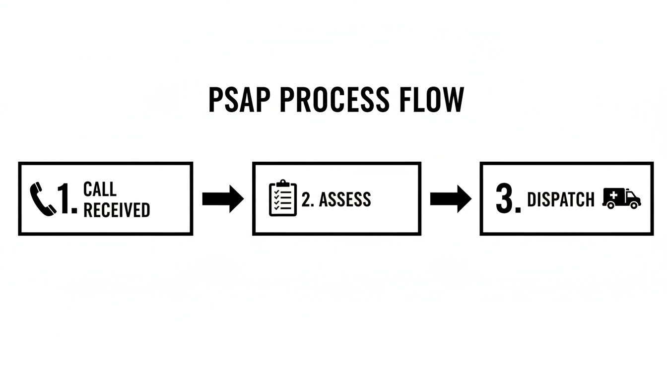 Flowchart illustrating the PSAP emergency response process: call received, assess, and dispatch services.