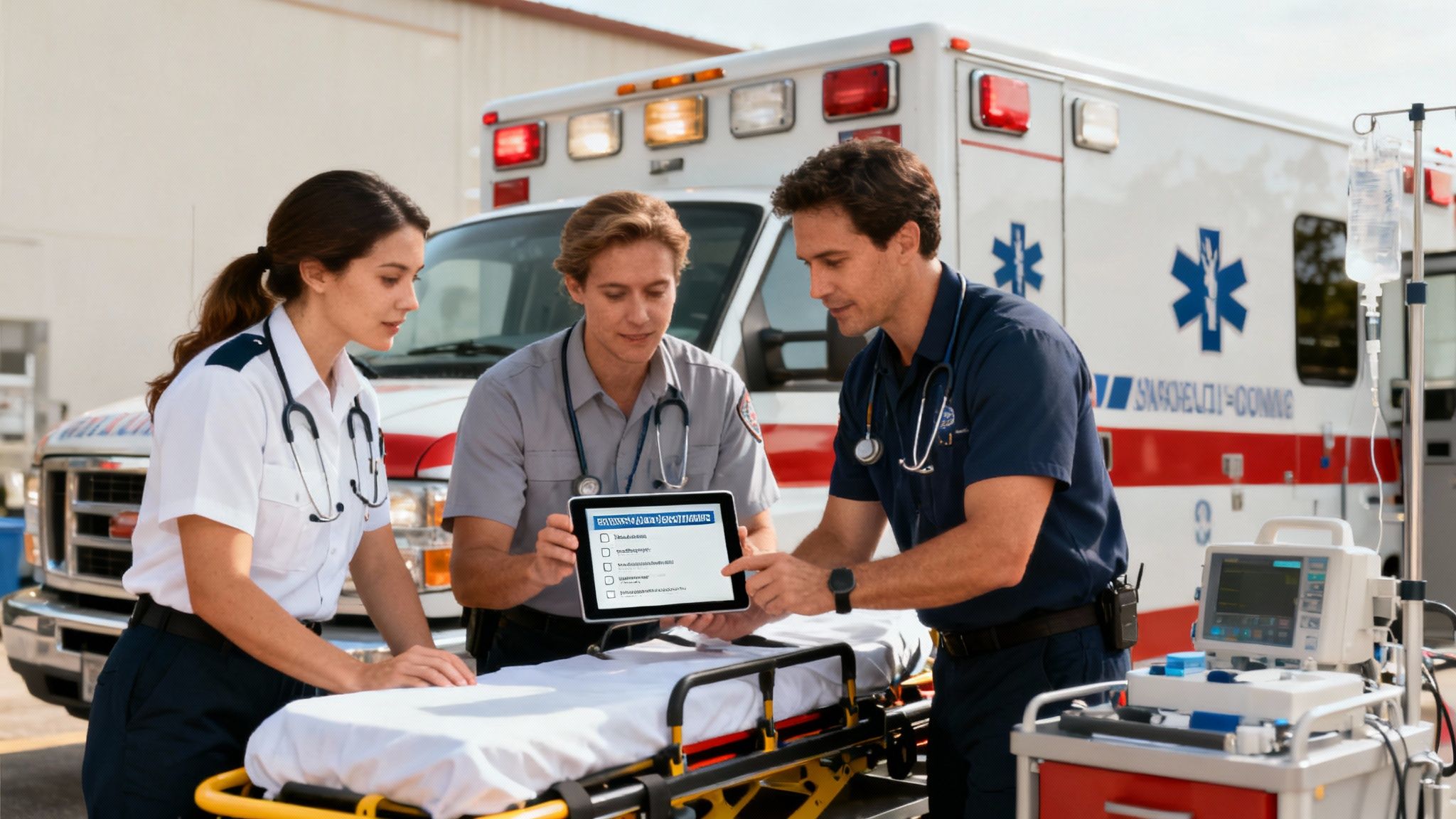 A first responder working on a laptop next to an ambulance, planning maintenance.