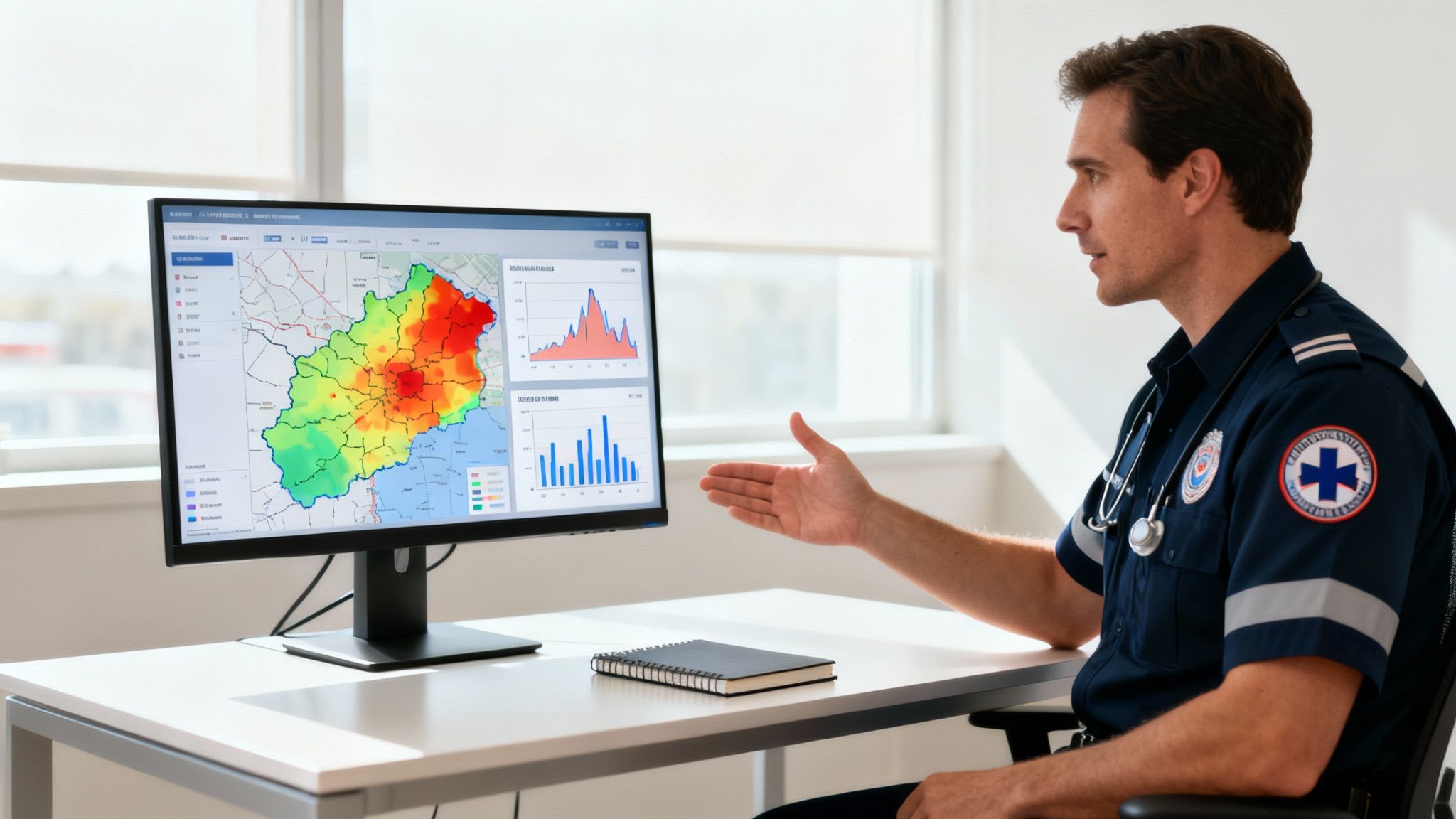 Paramedic in uniform reviews emergency services data dashboard with a geographical map and charts.